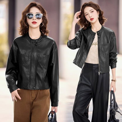 Stehkragen Kunstleder Jacke Damen in Schwarz
