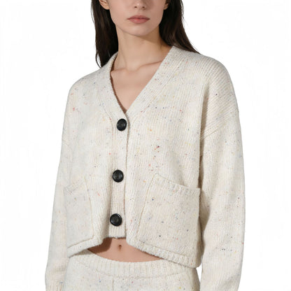 Kurze Strickjacke Damen — V-Ausschnitt & Fleckenmuster 1