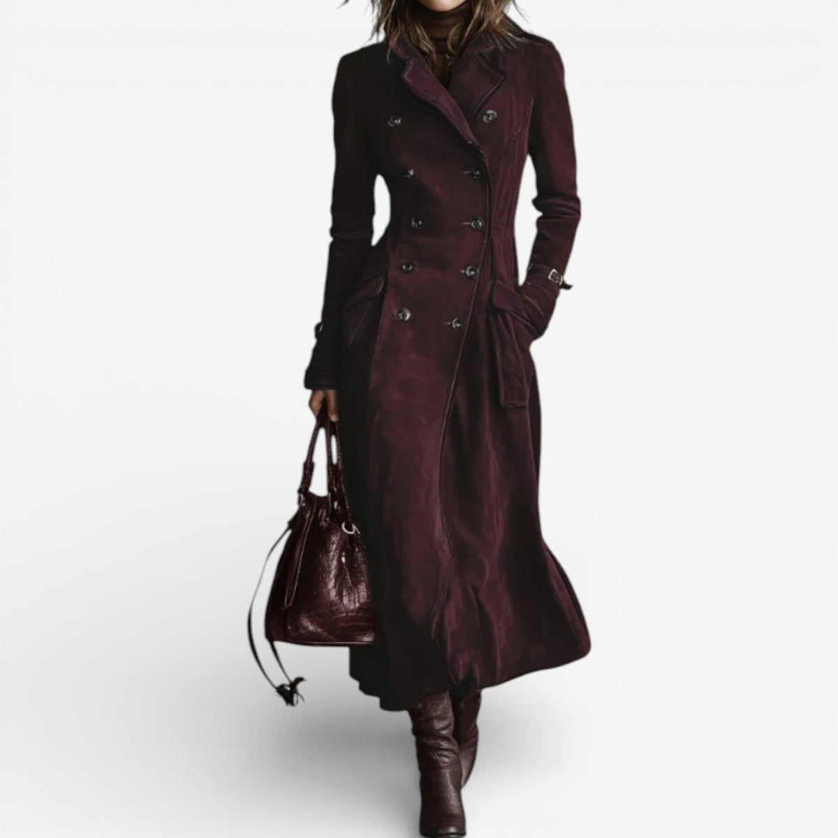 Long Women's Suede Trench Coat — Double-Breasted Elegant Fit 2