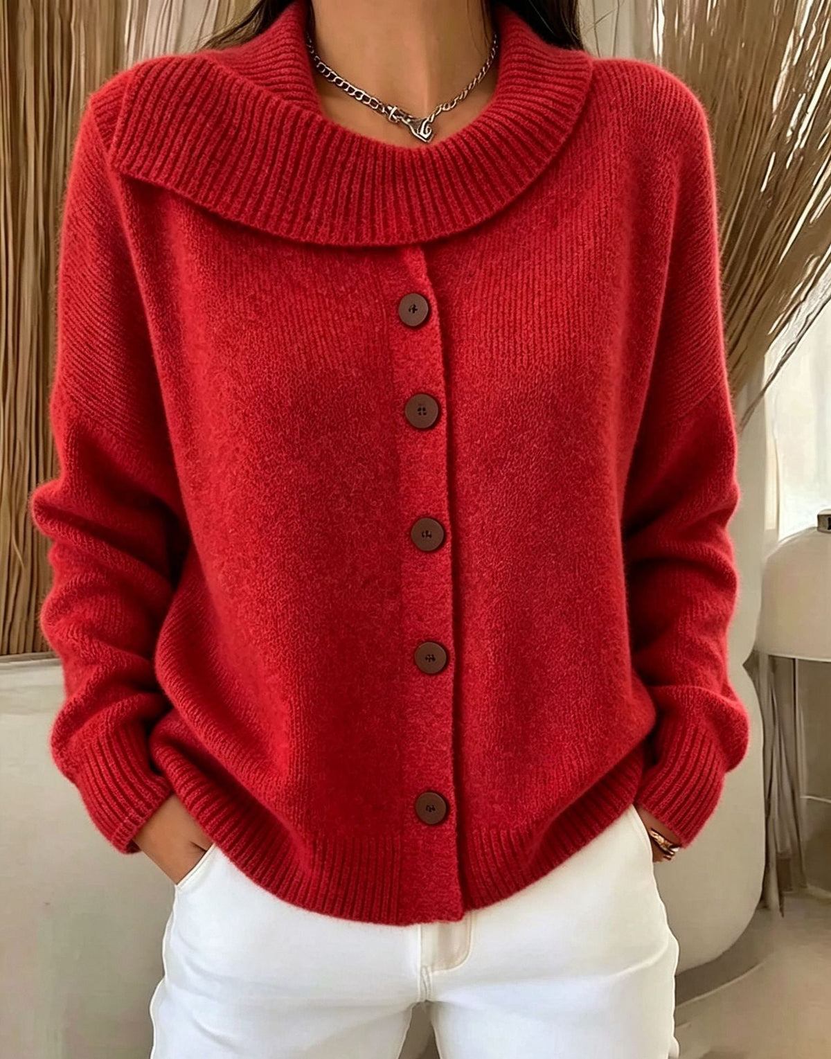 Strickjacke mit Knopfleiste & Revers-Kragen in Rot