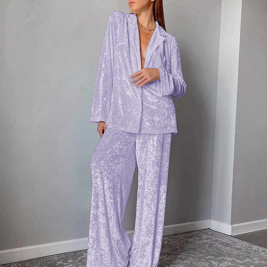 Women's Velvet Pajama Set — Soft Warm Lapel Shirt & Wide Leg Pants 9