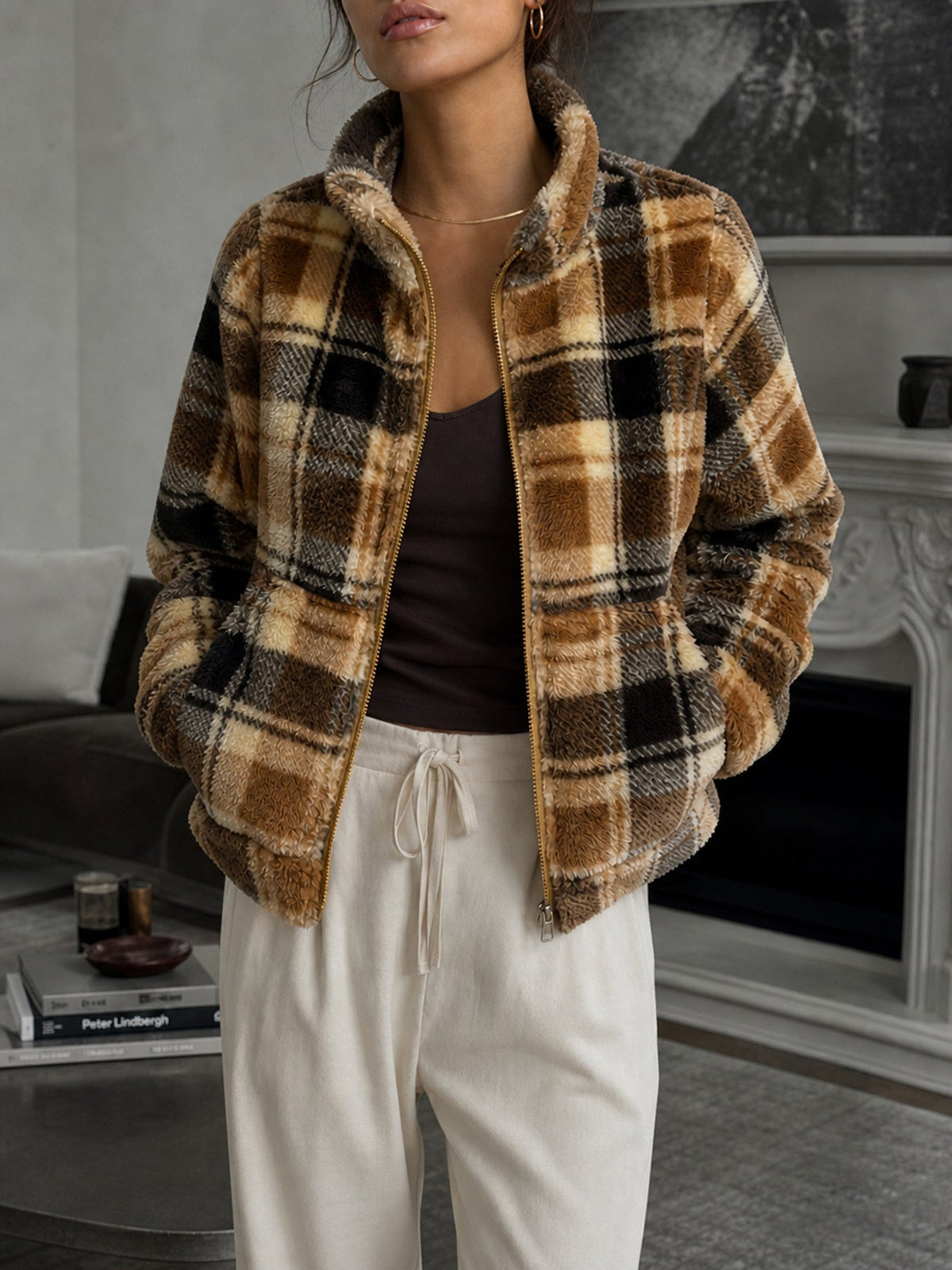 Women's Plaid Sherpa Fleece Jacket — Short Stand Collar Zip 1