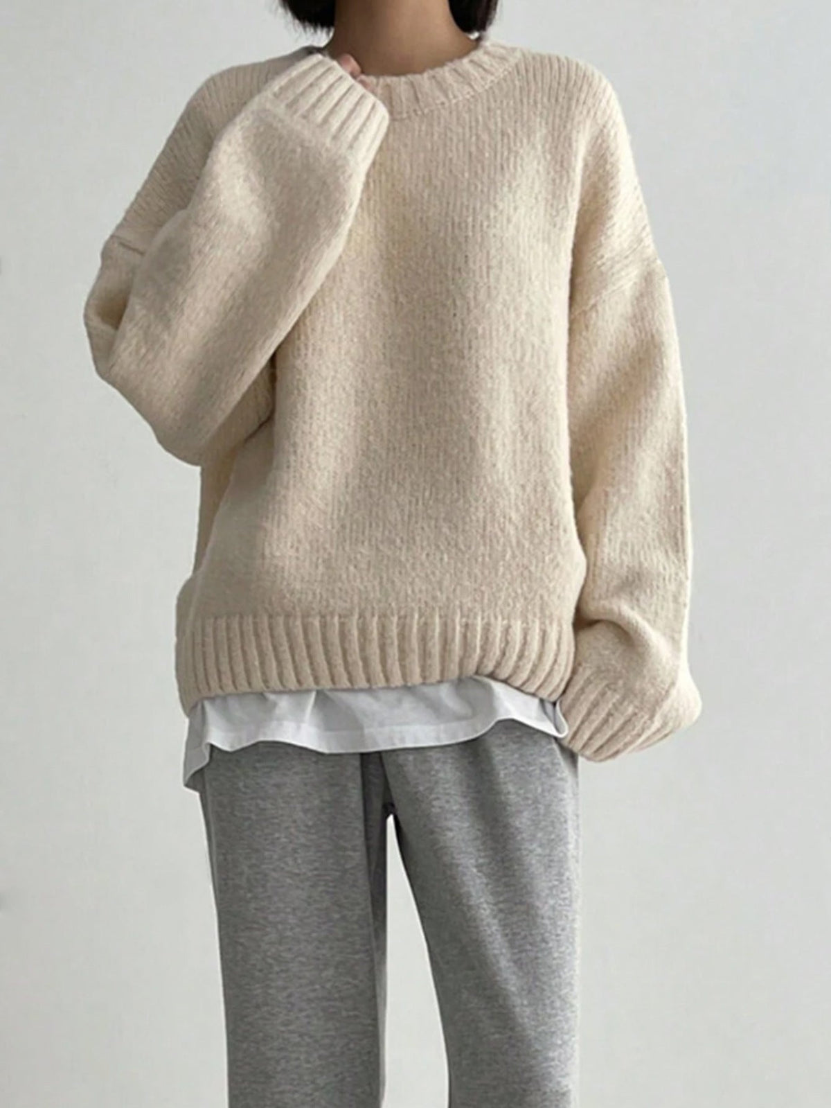 Damen Grobstrickpullover Oversize — Rundhals, fallende Schultern 2