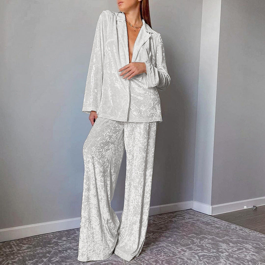 Women's Velvet Pajama Set — Soft Warm Lapel Shirt & Wide Leg Pants 6