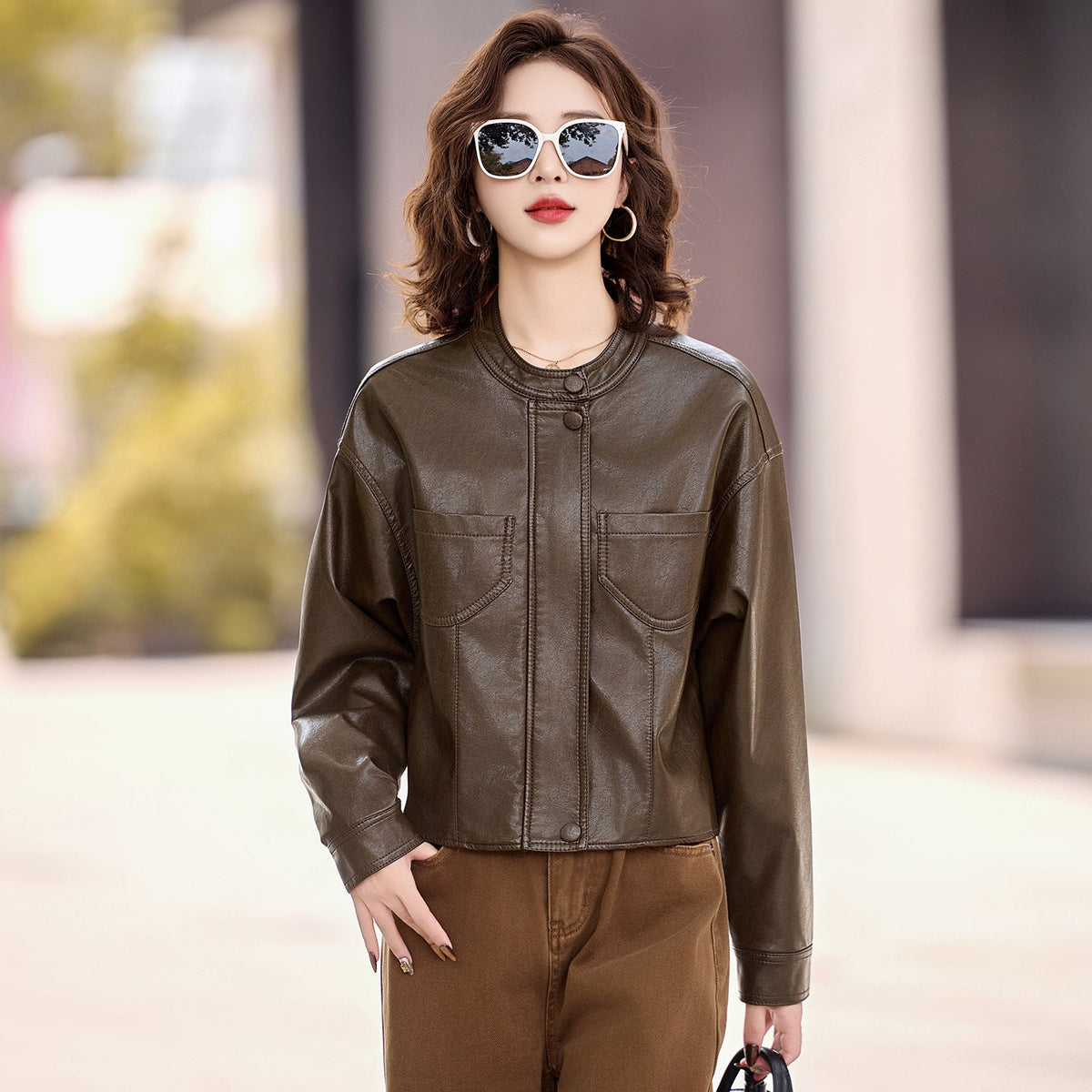 Stehkragen Kunstleder Jacke Damen – Ansicht 4