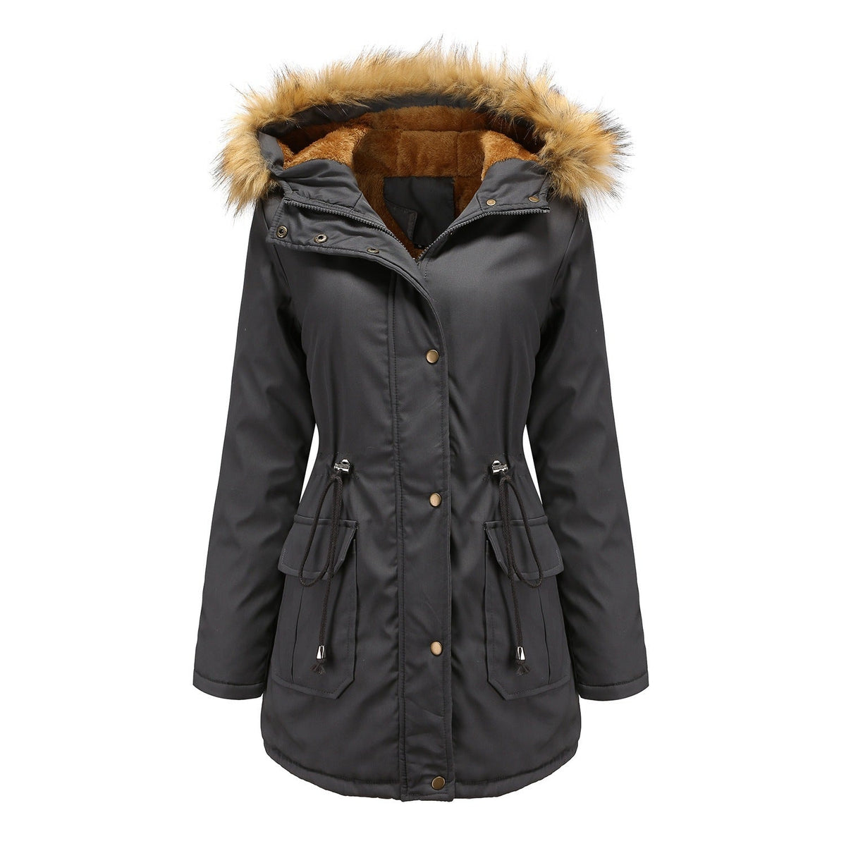 Gefütterte Damen Steppjacke mit Kapuze & Kunstfellkragen in Grau