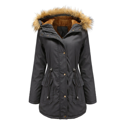 Gefütterte Damen Steppjacke mit Kapuze & Kunstfellkragen in Grau