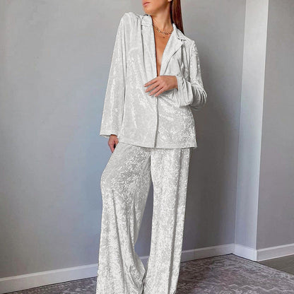 Women's Velvet Pajama Set — Soft Warm Lapel Shirt & Wide Leg Pants 7