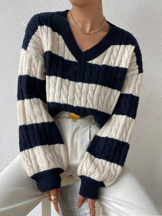 Women's Cable Knit Oversized Sweater — V-Neck Stripe Puff Sleeve 1