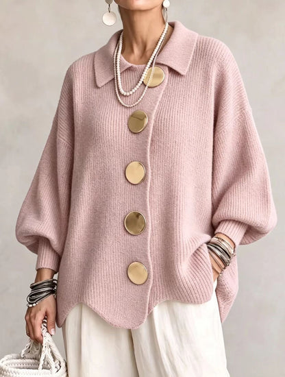 Kaelinae Oversized Cardigan Women — Heavyweight Knit Gold Buttons 11