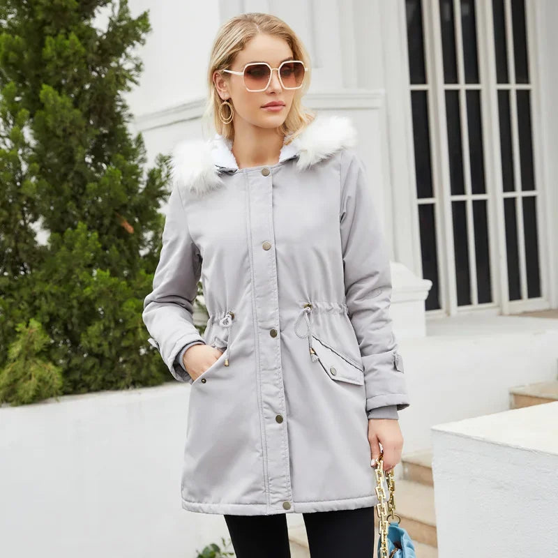 Women's Parka Jacket Faux Fur Hood & Sherpa Lining Drawstring 1