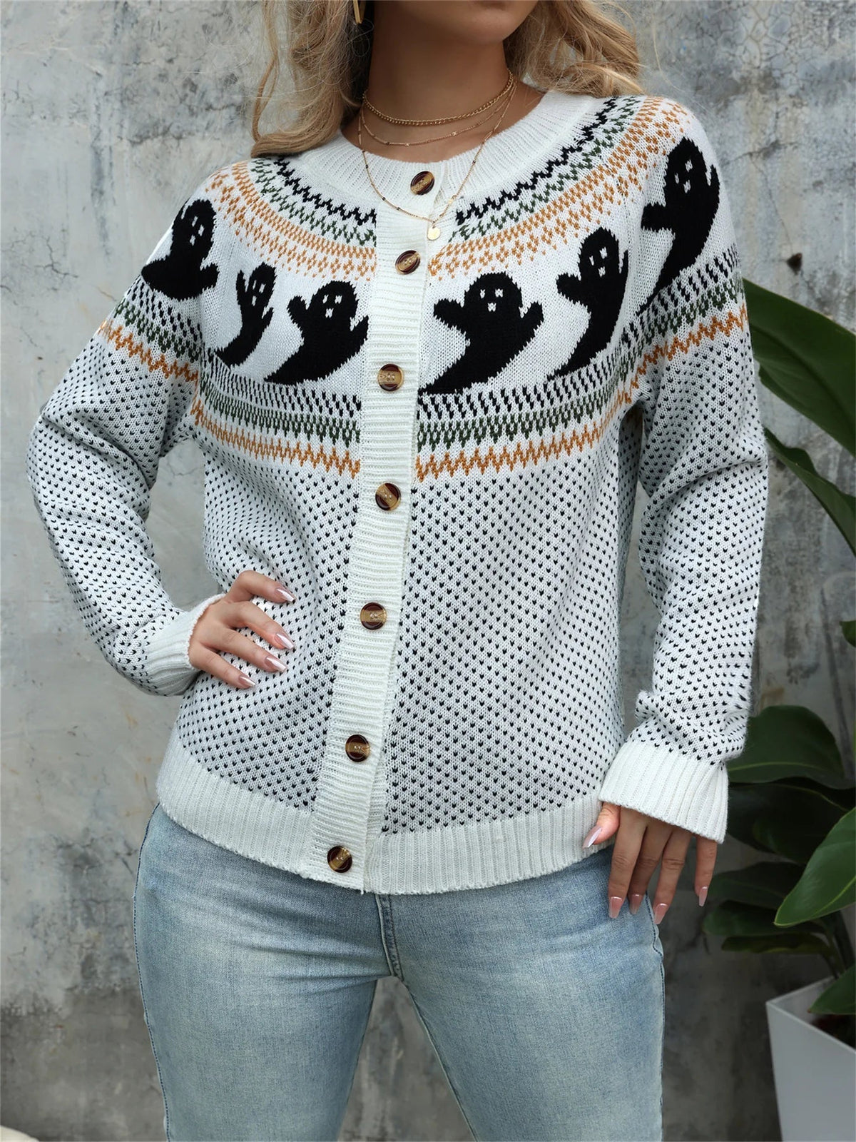 Women's Halloween Ghost Knit Sweater – Polka Dot Crew Neck 5