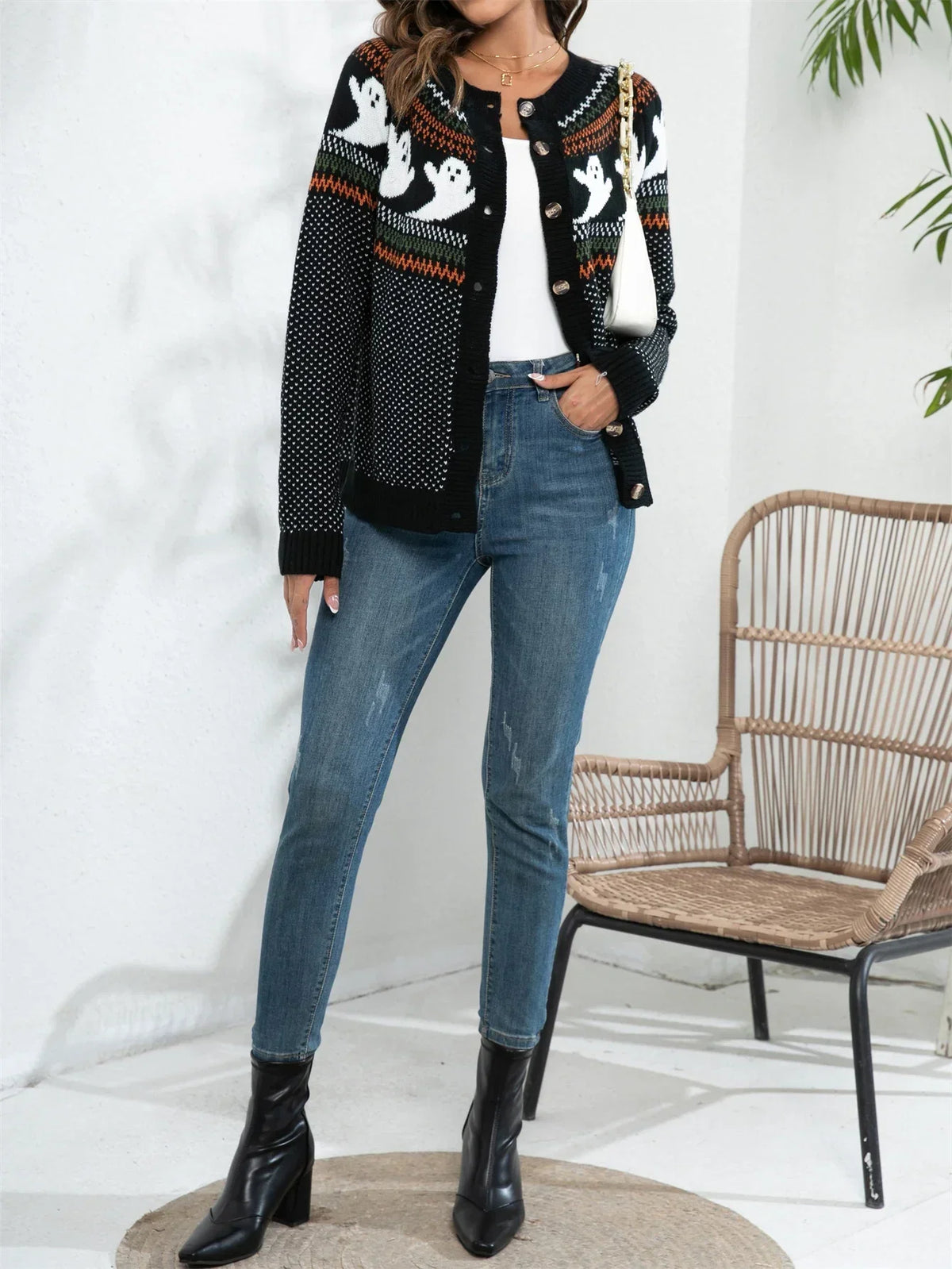 Women's Halloween Ghost Knit Sweater – Polka Dot Crew Neck 4