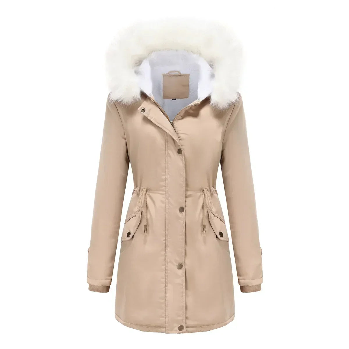 Women's Parka Jacket Faux Fur Hood & Sherpa Lining Drawstring 10