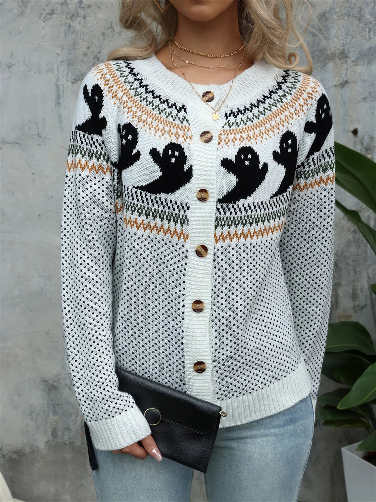 Women's Halloween Ghost Knit Sweater – Polka Dot Crew Neck 7
