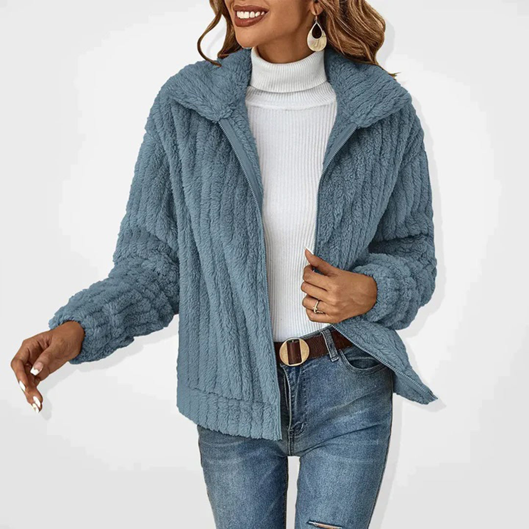 Women's Plush Fleece Zip-Up Jacket — Wide Collar Soft Warm 5