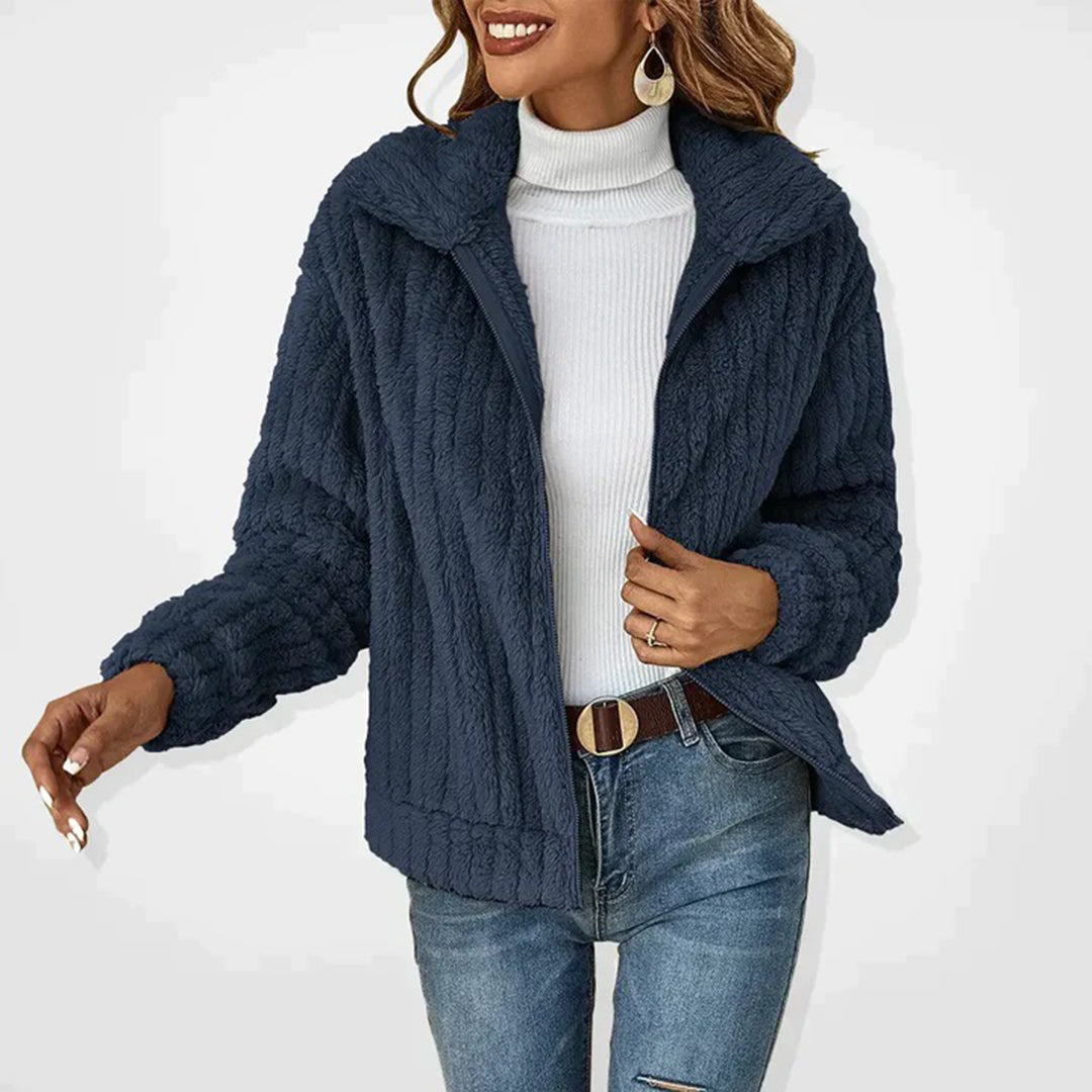 Women's Plush Fleece Zip-Up Jacket — Wide Collar Soft Warm 3