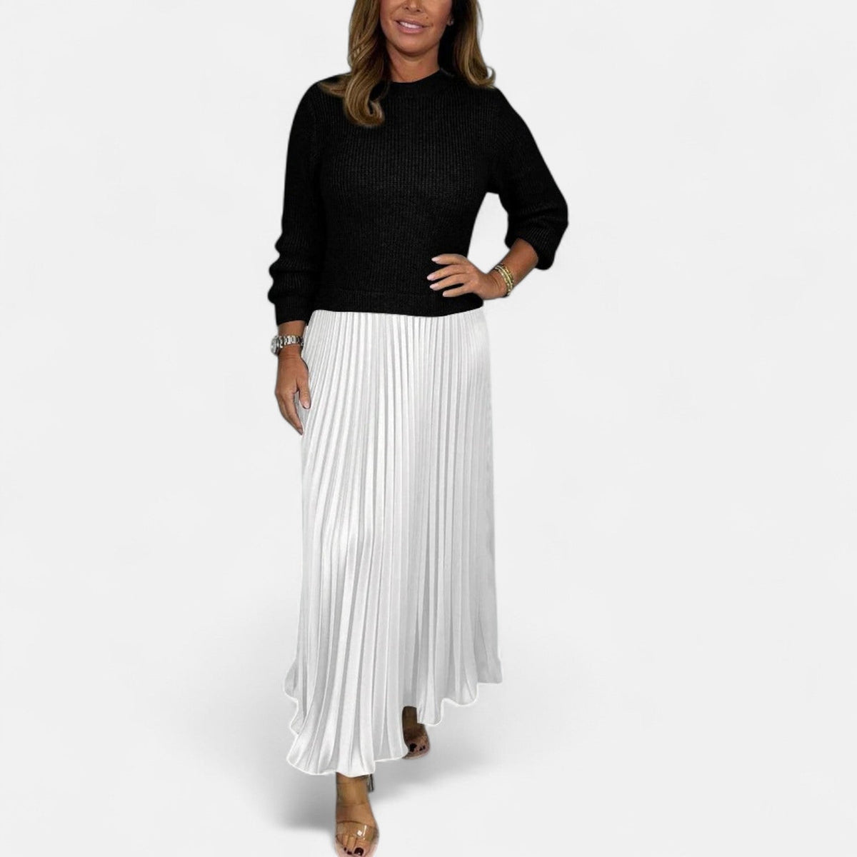 Women's Pleated Knit Maxi Dress — Long Sleeve Ribbed 10