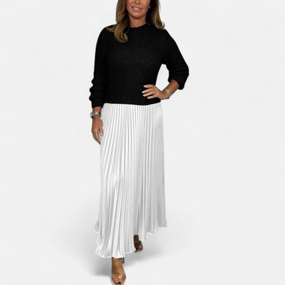 Women's Pleated Knit Maxi Dress — Long Sleeve Ribbed 10