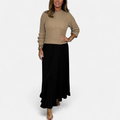 Women's Pleated Knit Maxi Dress — Long Sleeve Ribbed 9