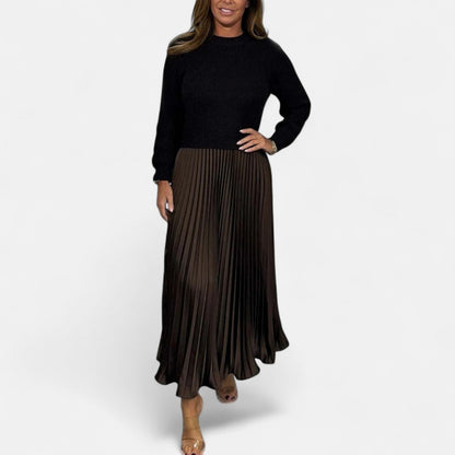 Women's Pleated Knit Maxi Dress — Long Sleeve Ribbed 11