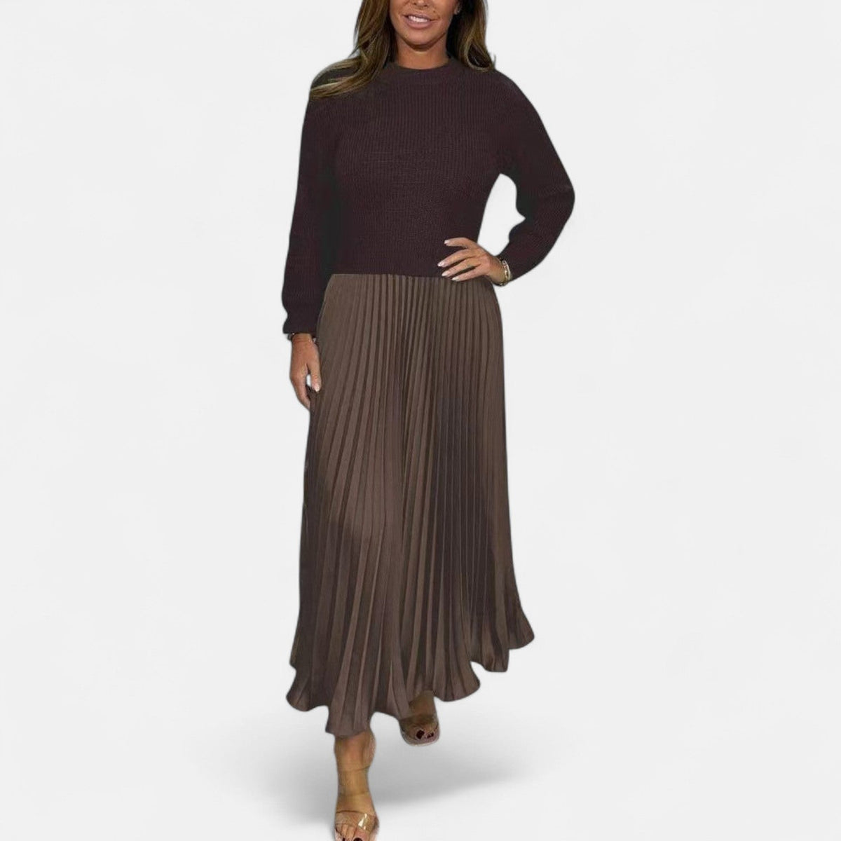 Women's Pleated Knit Maxi Dress — Long Sleeve Ribbed 12