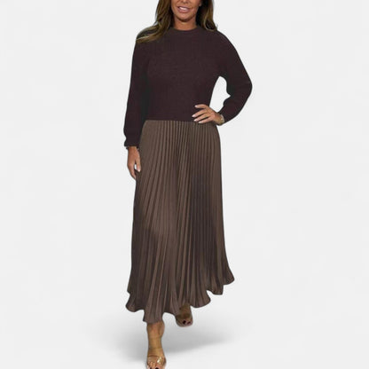 Women's Pleated Knit Maxi Dress — Long Sleeve Ribbed 12
