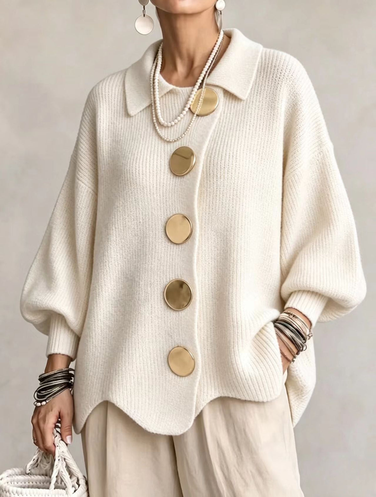Kaelinae Oversized Cardigan Women — Heavyweight Knit Gold Buttons 13