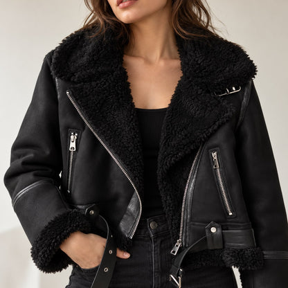 Damen Kunstlederjacke mit Sherpa-Futter – Biker-Stil für Herbst & Winter