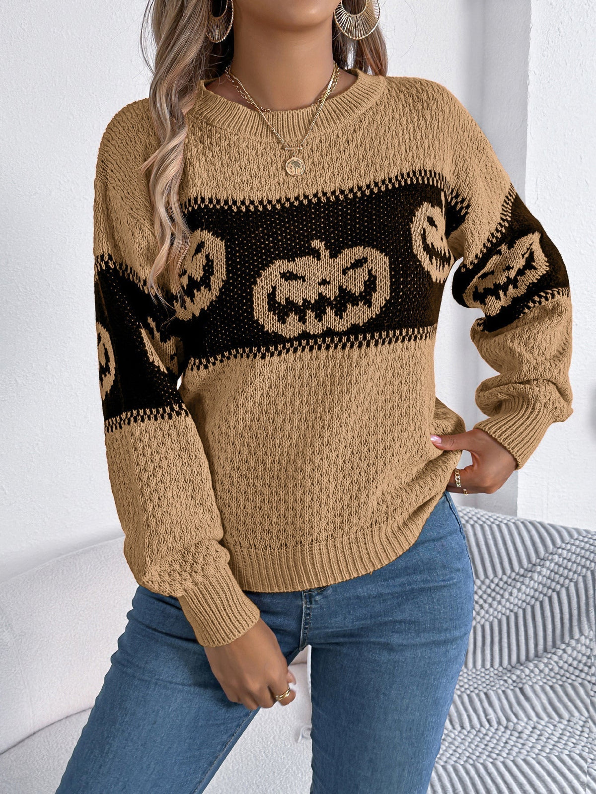 Women's Halloween Knit Sweater — Pumpkin Motif Crew Neck 2
