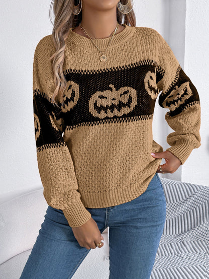 Women's Halloween Knit Sweater — Pumpkin Motif Crew Neck 2