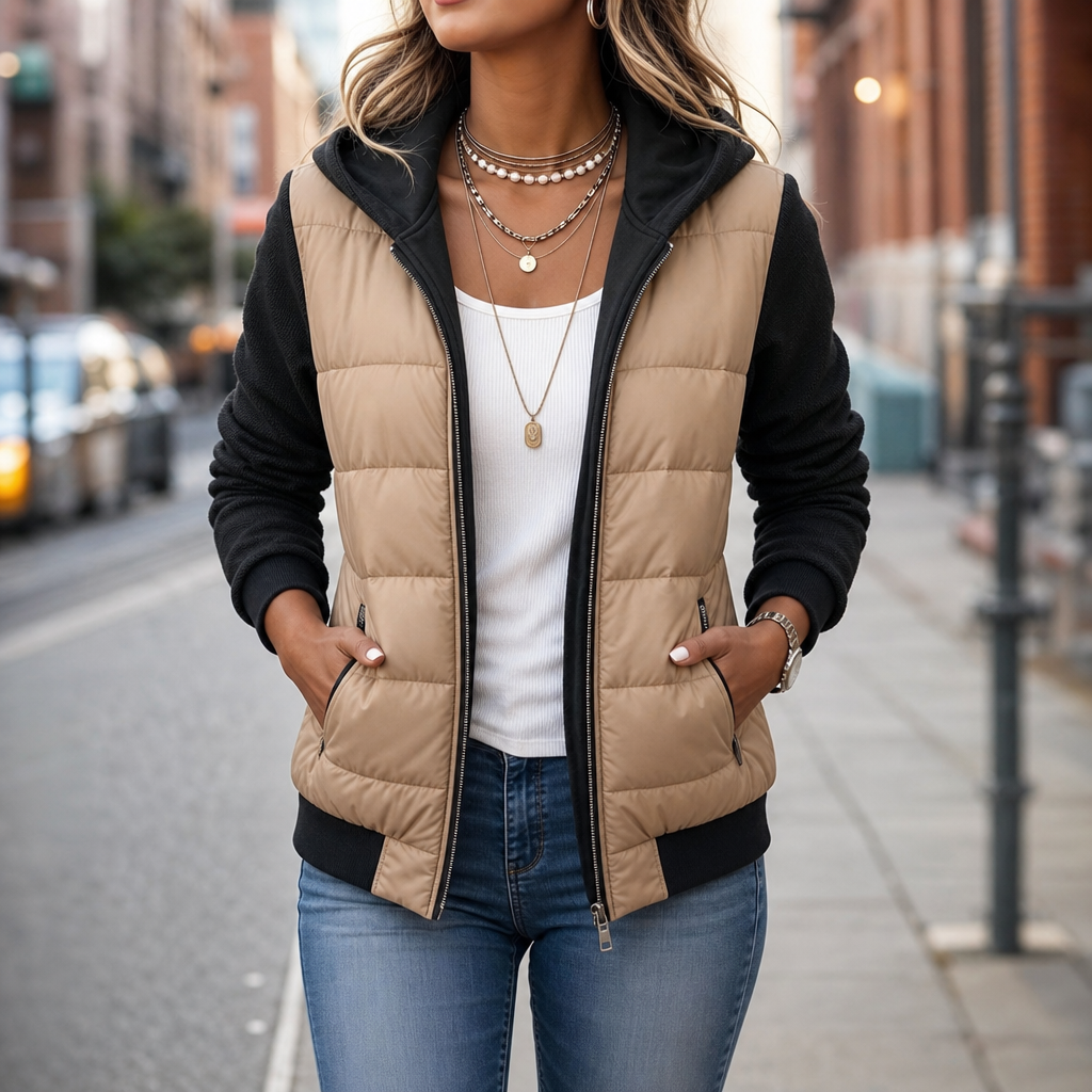 Women's Puffer Jacket with Knit Sleeves — Warm & Stylish 1