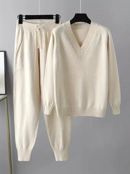 Women's Knit Loungewear Set V-Neck — Sweater & Jogger Pants 1