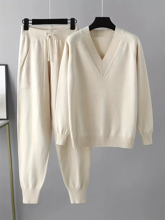 Women's Knit Loungewear Set V-Neck — Sweater & Jogger Pants 1