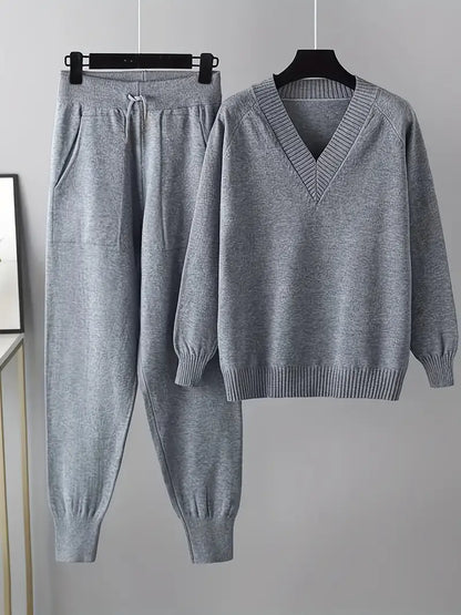 Women's Knit Loungewear Set V-Neck — Sweater & Jogger Pants 2