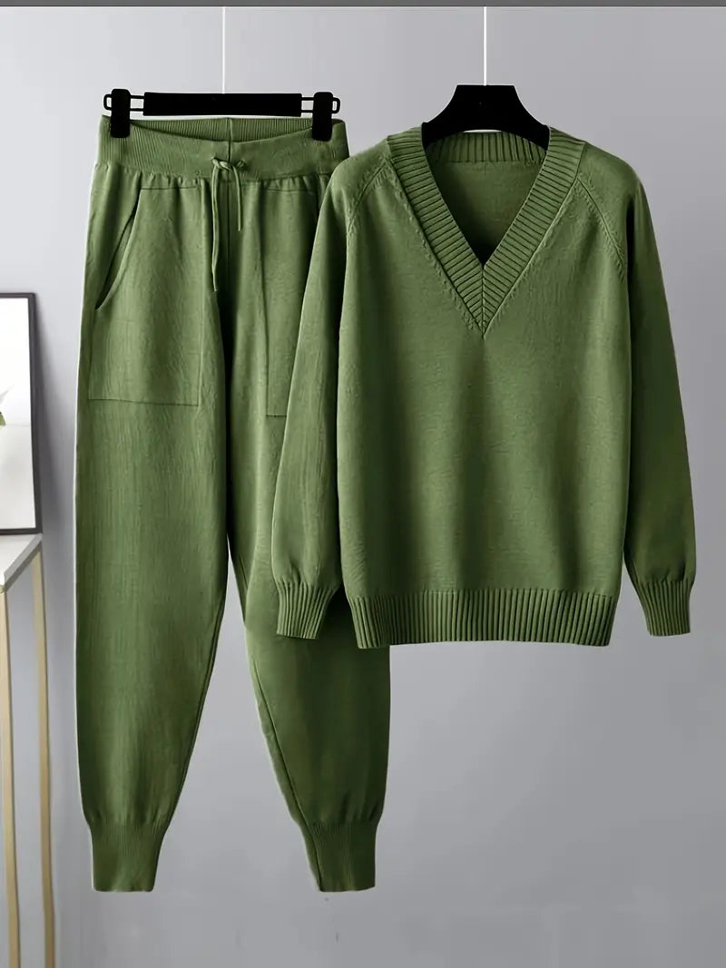 Women's Knit Loungewear Set V-Neck — Sweater & Jogger Pants 3