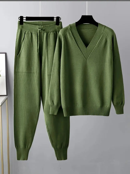 Women's Knit Loungewear Set V-Neck — Sweater & Jogger Pants 3