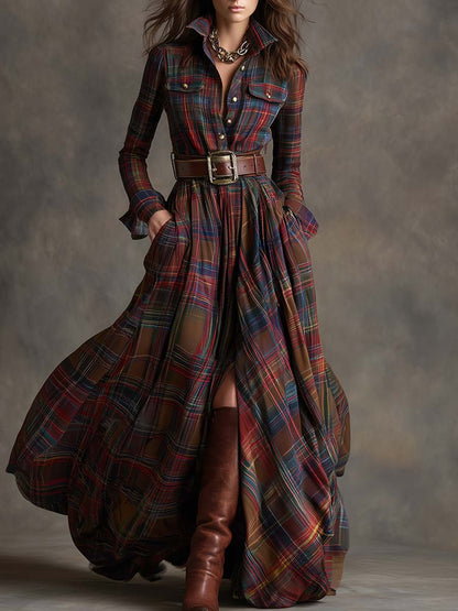 Plaid Long Sleeve Maxi Dress — Shirt Collar Button-Down 4