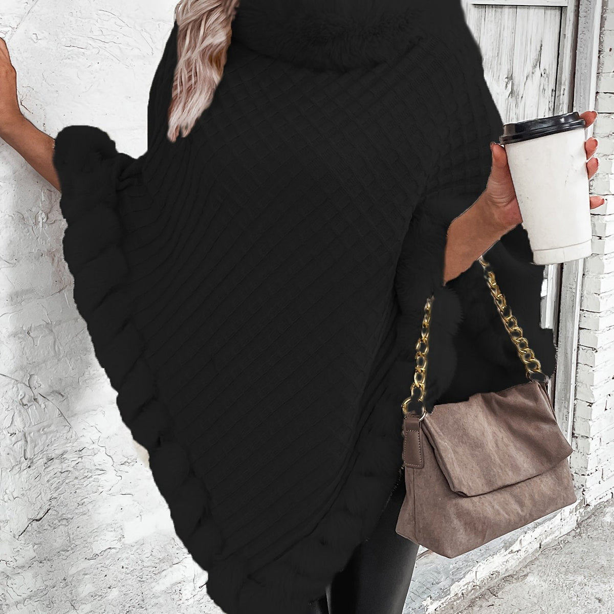 Women's Faux Fur Trim Poncho — Oversized Turtleneck Batwing Knit 14