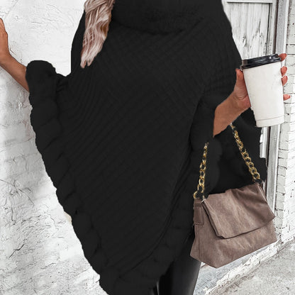 Women's Faux Fur Trim Poncho — Oversized Turtleneck Batwing Knit 14
