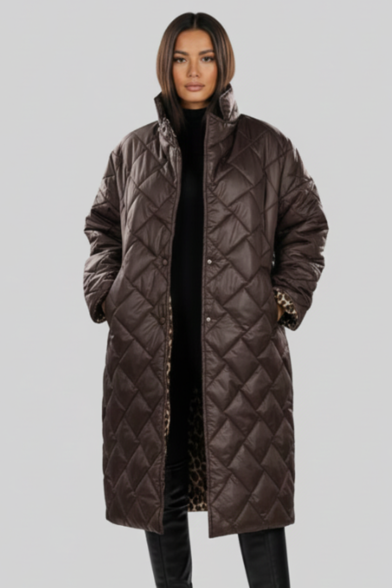 Women's Long Quilted Coat Reversible — Leopard Print 1