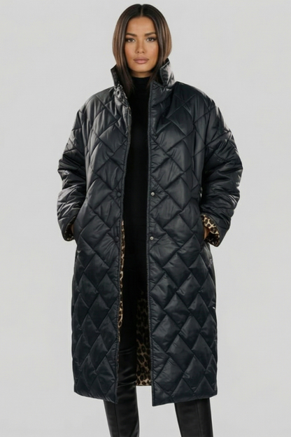 Women's Long Quilted Coat Reversible — Leopard Print 3