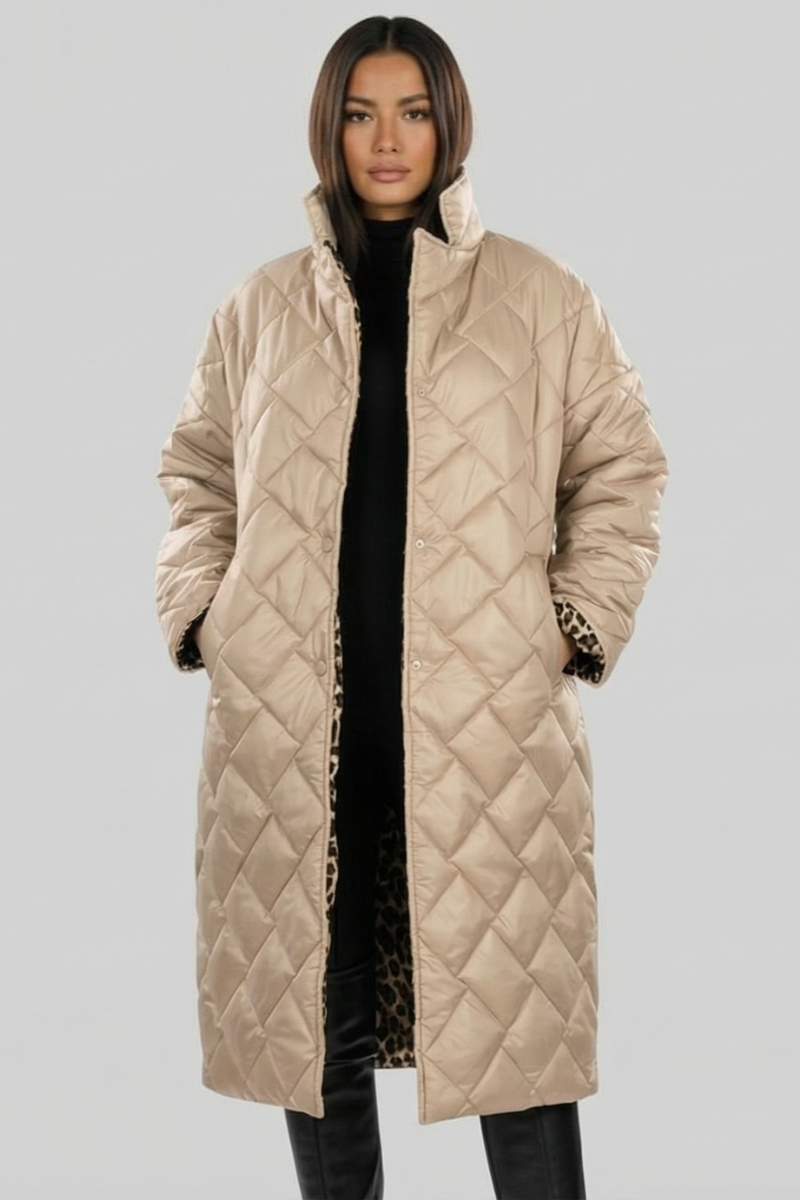 Women's Long Quilted Coat Reversible — Leopard Print 5