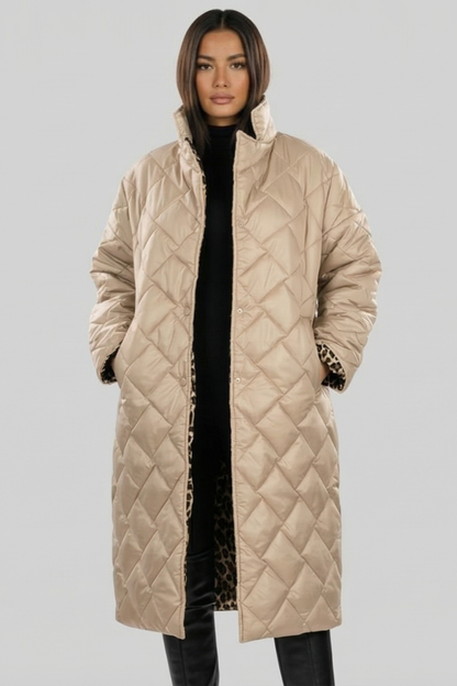 Women's Long Quilted Coat Reversible — Leopard Print 5