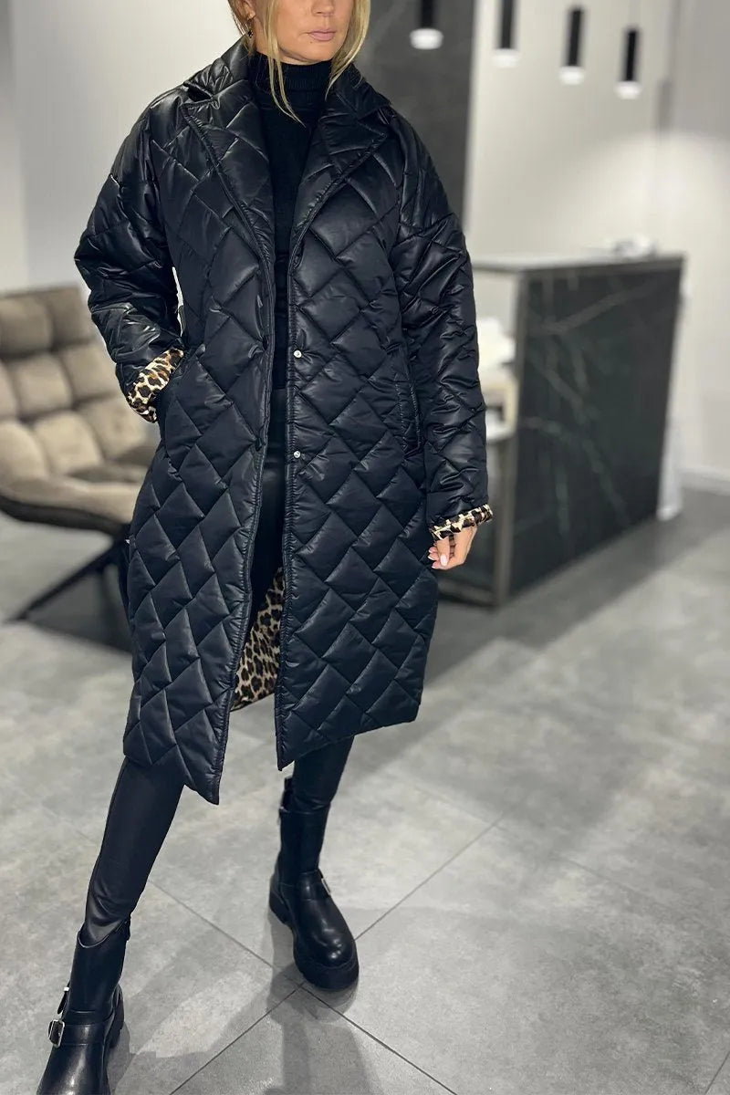Women's Long Quilted Coat Reversible — Leopard Print 6