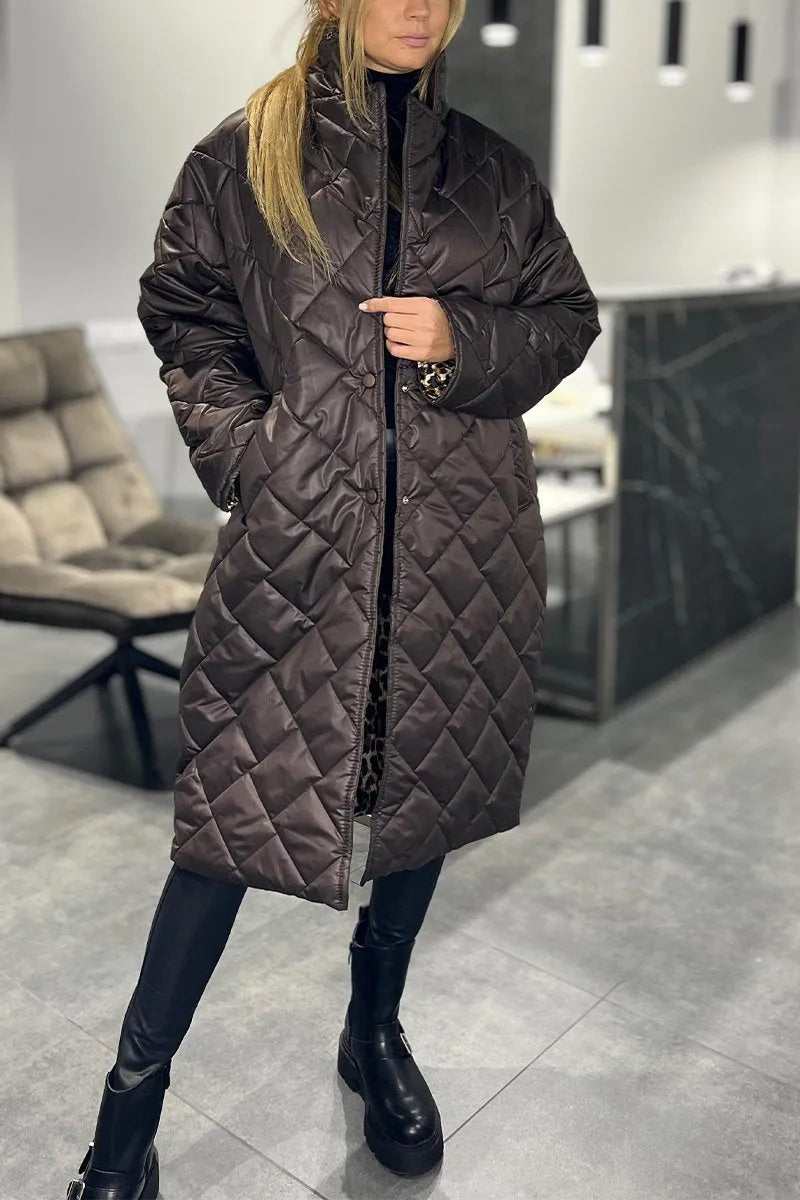 Women's Long Quilted Coat Reversible — Leopard Print 9