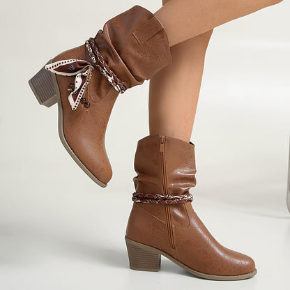 Women's Slouch Ankle Boots — Braided Strap & Block Heel 6