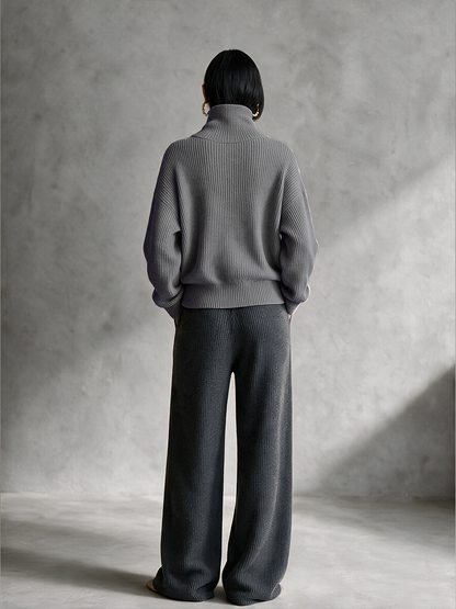 Women's Grey Oversized Rib Knit Sweater Diagonal Zip Funnel Neck 3