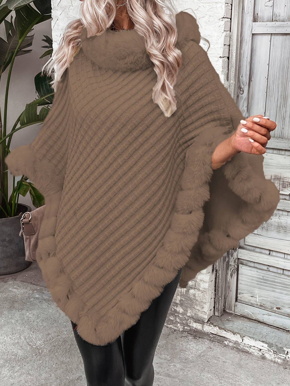 Women's Faux Fur Trim Poncho — Oversized Turtleneck Batwing Knit 8