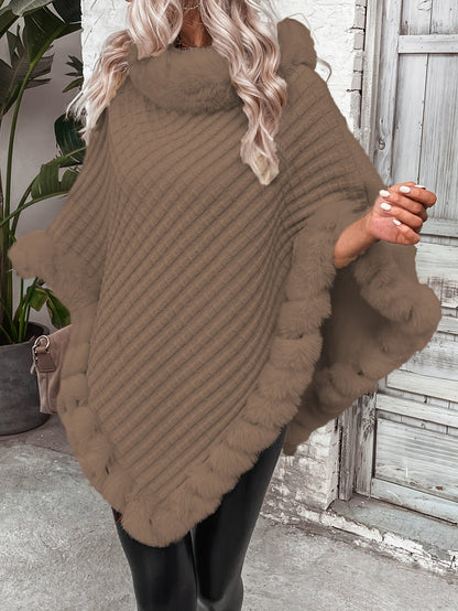 Women's Faux Fur Trim Poncho — Oversized Turtleneck Batwing Knit 8
